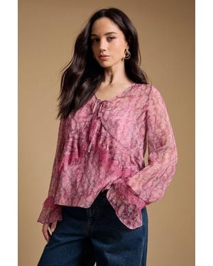 Oasis Fluted Sleeve Lace Trim Blouse - Pink