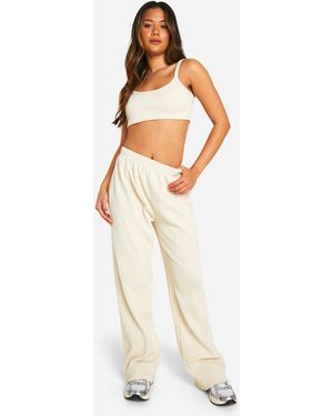 Boohoo Waffle Scoop Neck Crop Top And Straight Leg Trouser Set - White