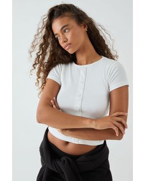 DSGN Studio Square Script Embroidered Rib Fitted Button Through Top - White