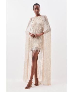 Karen Millen Embellished Fringe Caped Woven Mini Dress - Natural