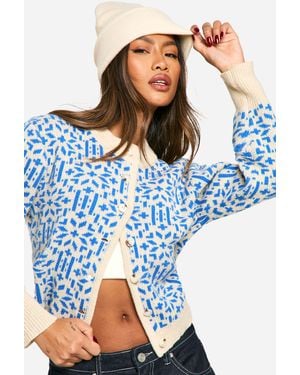 Boohoo Premium Fairisle Knitted Cardigan - Blue