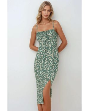 Hiccup Allover Flower Print Bodycon Midi Dress With Slit - Green