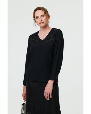 Izabel London Floral Embroidered Long Sleeve Top - Black