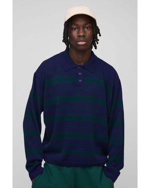 BoohooMAN Oversized Striped Knitted Polo - Blue