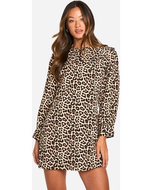 Boohoo Tall Leopard Collar Detail Volume Sleeve Dress - Multicolour