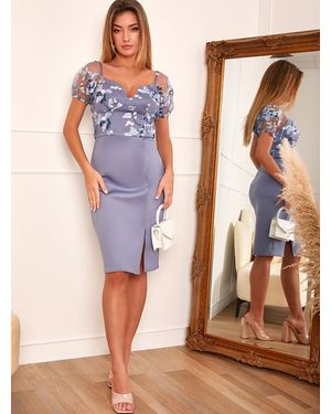 Chi Chi London Short Sleeve Embroidered Floral Bodycon Dress - Blue