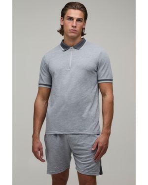 BoohooMAN Slim Fit Pique Interlock Stripe Polo And Shorts Set - Grey