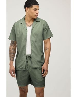 BoohooMAN Linen Blend Regular Fit Shirt & Short Set - Green