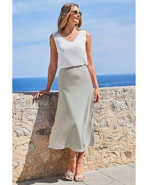 Sosandar Mint Satin Midi Skirt - Blue