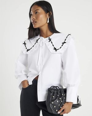 River Island Shirt Petite Poplin Ribbon Trim Collar Cotton - White