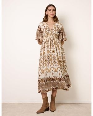 Blue Vanilla V Neck Border Print Dress - Natural