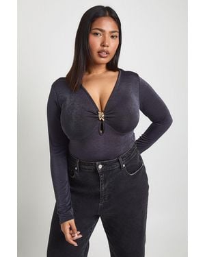 Boohoo Plus Trim Keyhole Bodysuit - Blue