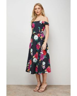 Oasis Printed Bow Front Bardot Midi Dress - White