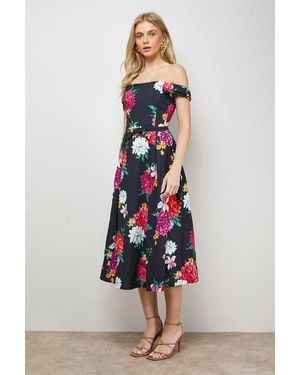 Oasis Printed Bow Front Bardot Midi Dress - White