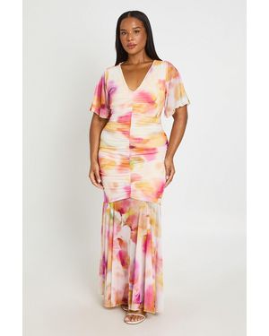 Boohoo Plus Floral Mesh Ruched Angel Sleeve Maxi Dress - Red