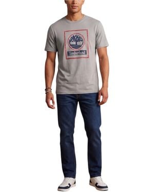 Timberland T Shirts Tree Print Classic Logo Summer Cotton Crew Neck Top - Blue