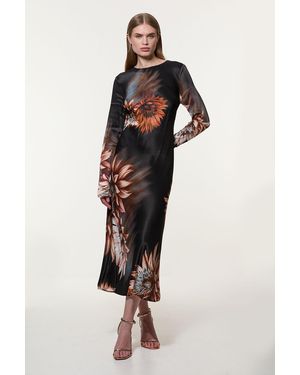 Karen Millen Viscose Satin Long Sleeve Bias Cut Woven Midi Dress - Multicolour