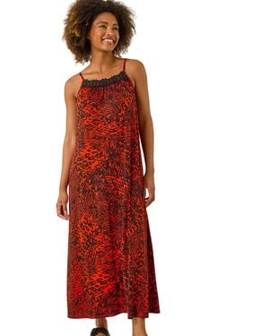Roman Abstract Print Trim Detail Midi Dress - Red