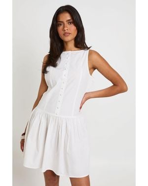Boohoo Cotton Poplin Button Through Boat Neck Mini Dress - White