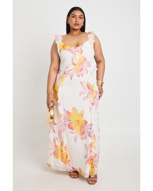 Boohoo Plus Floral Chiffon Strappy Ruffle Maxi Dress - White