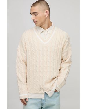 BoohooMAN Boxy V Neck Cable Distressed Hem Knitted Jumper - Natural