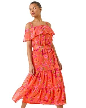 Roman Floral Print Bardot Midi Dress - Red