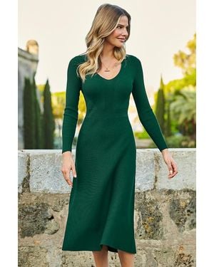 Sosandar Emerald V Neck Rib Fit & Flare Knitted Dress - Green