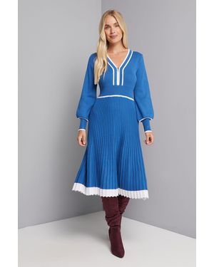 Wallis Petite Cobalt Zip Front Pleated Knitted Midi Dress - Blue