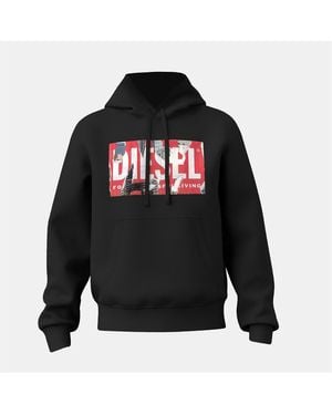DIESEL Hooded Neck Long Sleeve Box Print Sweatshirt - Black