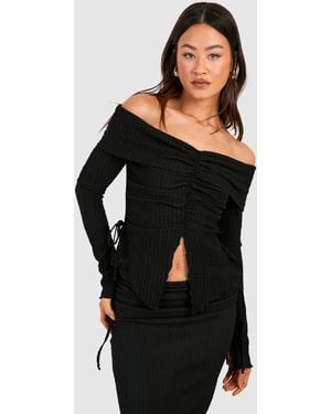Boohoo Tall Crinkle Bardot Ruched Detail Top - Black