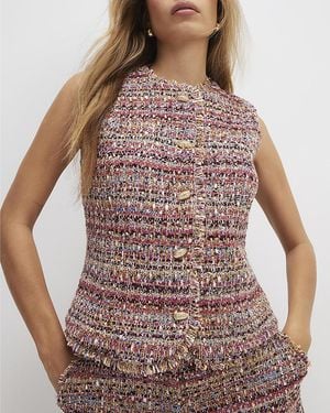 River Island Waistcoat Boucle Sleeveless Fringed - Red