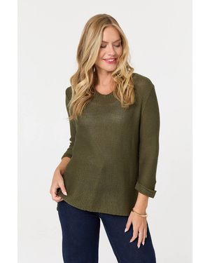 Izabel London Mesh Texture 3/4 Sleeve Relaxed Top - Green