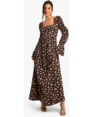 Boohoo Corset Floral Print Puff Sleeve Milkmaid Maxi Dress - White