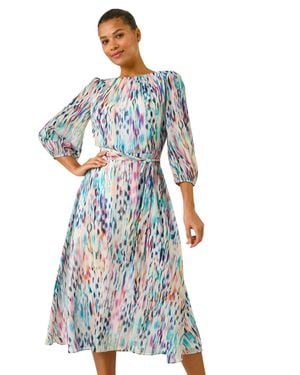 Roman Blurred Print Pleat Neck Midi Dress - Blue