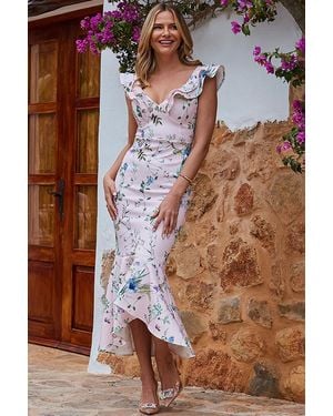 Sosandar Floral Print Premium Peplum Hem Midi Dress - Brown