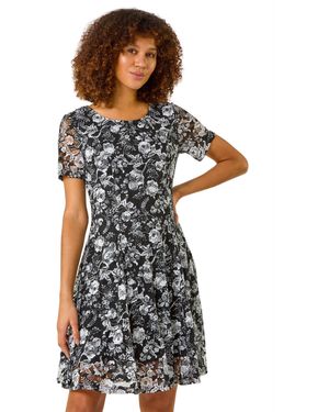Roman Rose Print Lace Stretch Dress - Black