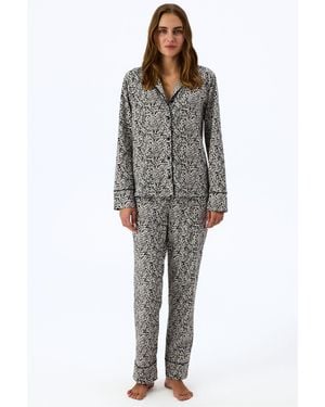 Penti Noir Garden Leopard Print Long Sleeve Shirt Trousers Pyjama Set - Grey