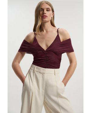 Karen Millen Mesh Plunge Strappy Detail Bodysuit - Red
