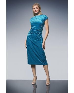 PRINCIPLES Striped Velvet Ruched Waist Midi Dress - Blue
