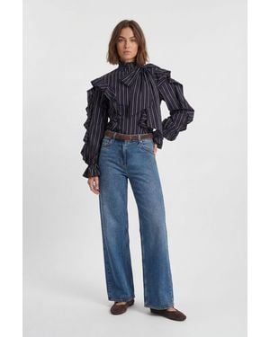 Karen Millen Ruffle Front Cotton Stripe Pussy Bow Blouse - Blue