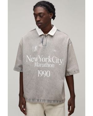 BoohooMAN New York Embroidered Denim Rugby Shirt - Grey