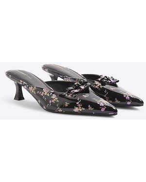 River Island Mules Patent Floral Bow Kitten Heel Pu - White