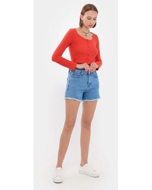 Hiccup Round Neck Woven Top With Button Detail - Red