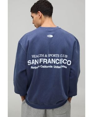 BoohooMAN Washed Oversized San Francisco Print Sweatshirt - Blue