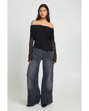 Boohoo Mesh Sleeve Fold Over Bardot Top - Blue