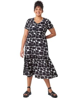 Roman Curve Pebble Print Tiered Midi Dress - White