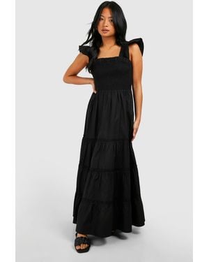 Boohoo Petite Shirred Poplin Midaxi Dress - Black