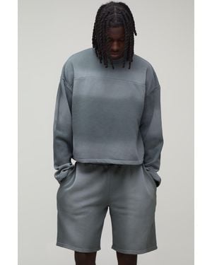 BoohooMAN Shrunken Panel Wash Sweatshirt Short Tracksuit - Grey