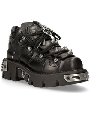 New Rock Leather Spiked Ankle Boots-110-S1 - Black