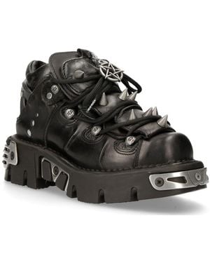 New Rock Leather Spiked Ankle Boots-110-S1 - Black